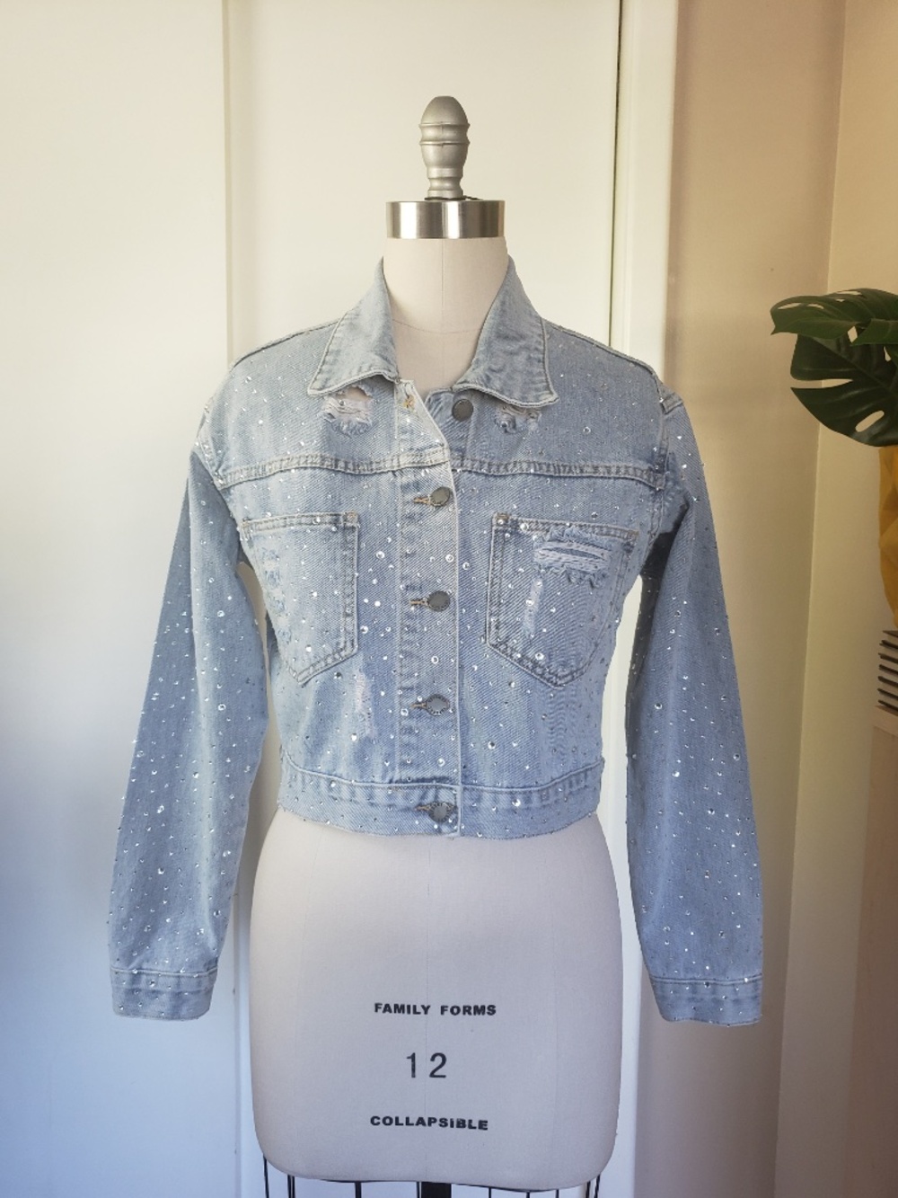 Rhinestone Embellished Cropped Denim Jacket Size Medium